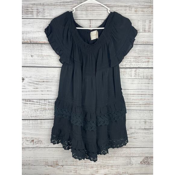 Siloett Black Tiered Mini Dress Smocking Lace Boho Neutral Small Lace Ruffle - Picture 1 of 7